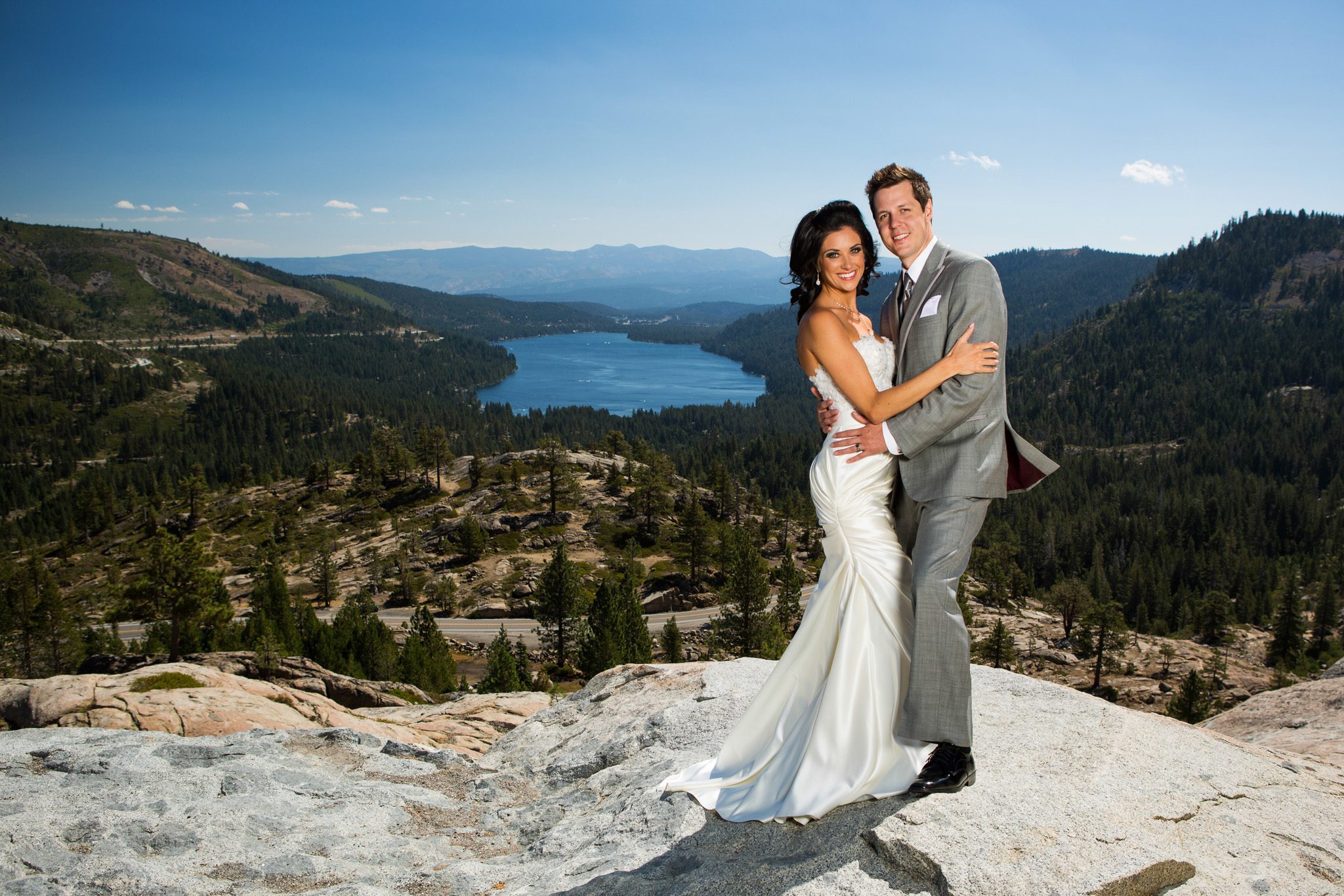 bride and groom portrait above Donner Lake – Tahoe Truckee Donner Lake wedding photography