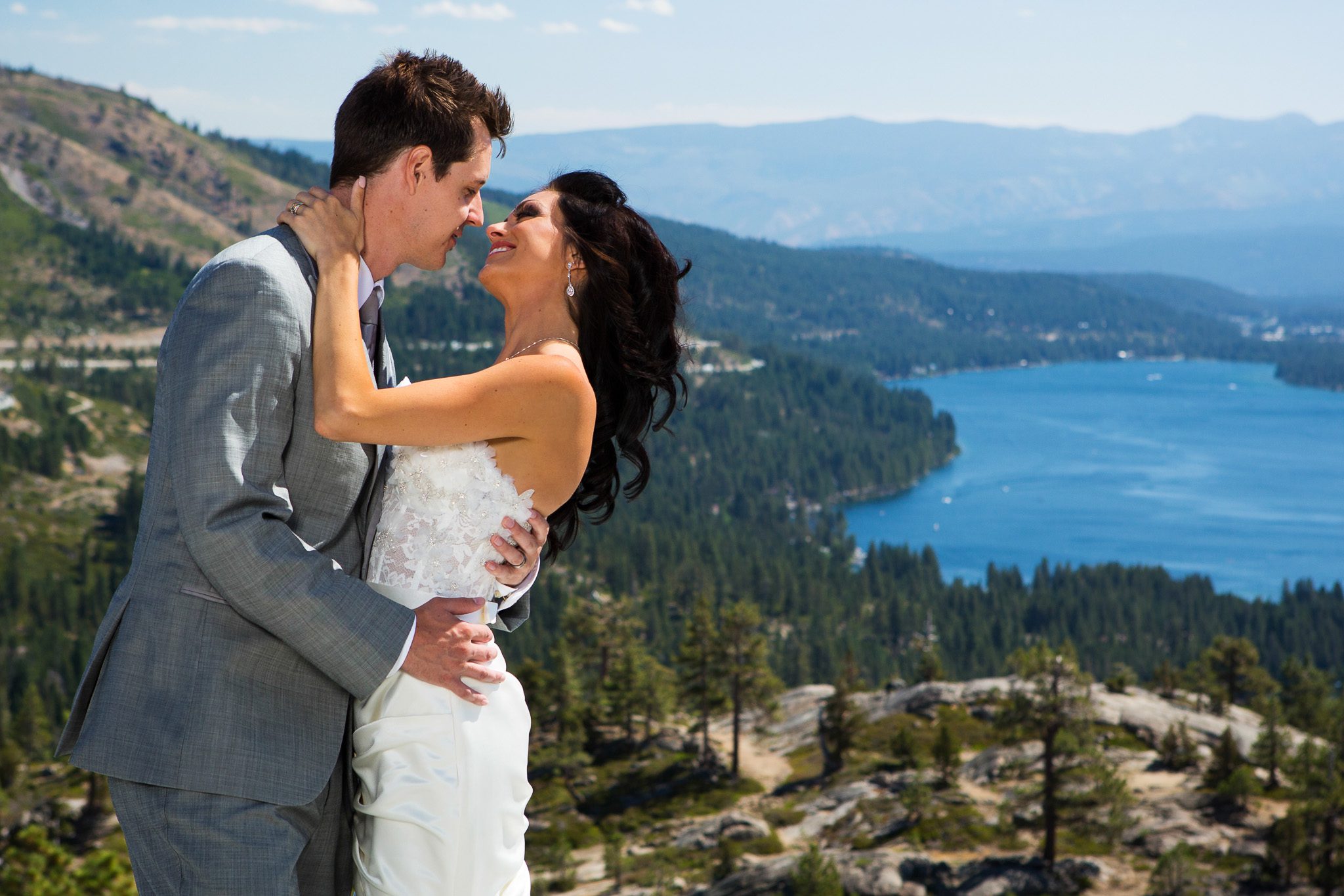 bride and groom portrait above Donner Lake – Tahoe Truckee Donner Lake wedding photography