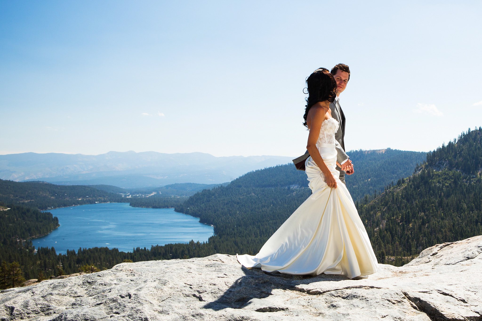 bride and groom portrait above Donner Lake– Tahoe Truckee Donner Lake wedding photography