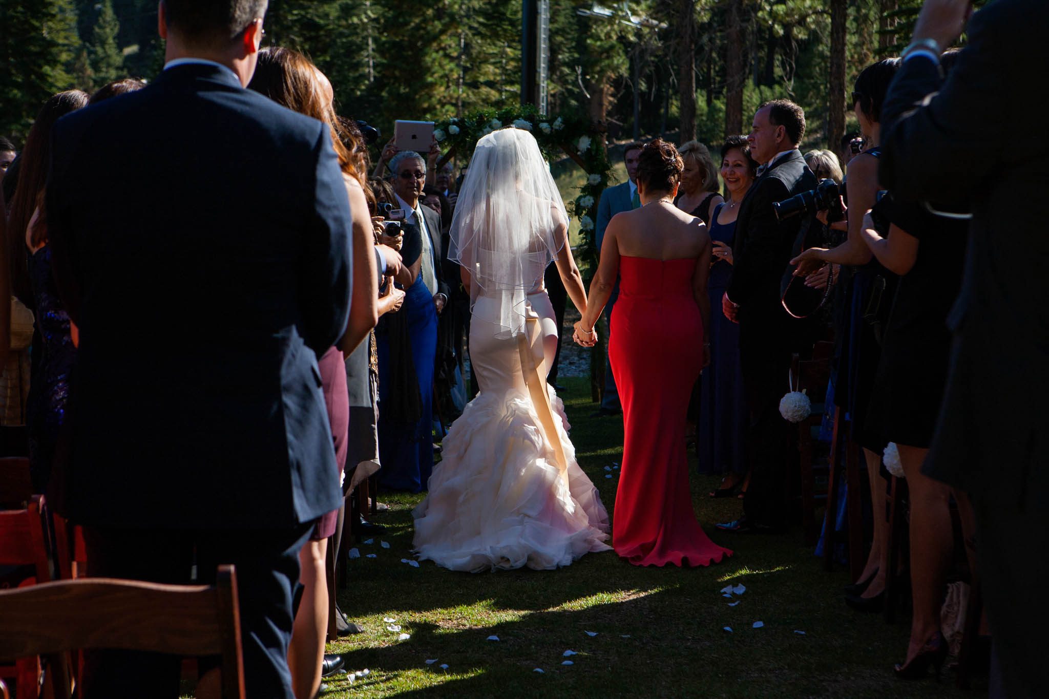 bride and mother walking down aisle – Lake Tahoe Truckee Ritz Carlton Persian American wedding photography