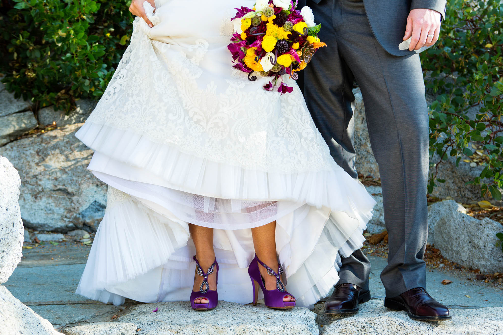 bride and groom shoes and bouquet – North Lake Tahoe Incline Village wedding photography