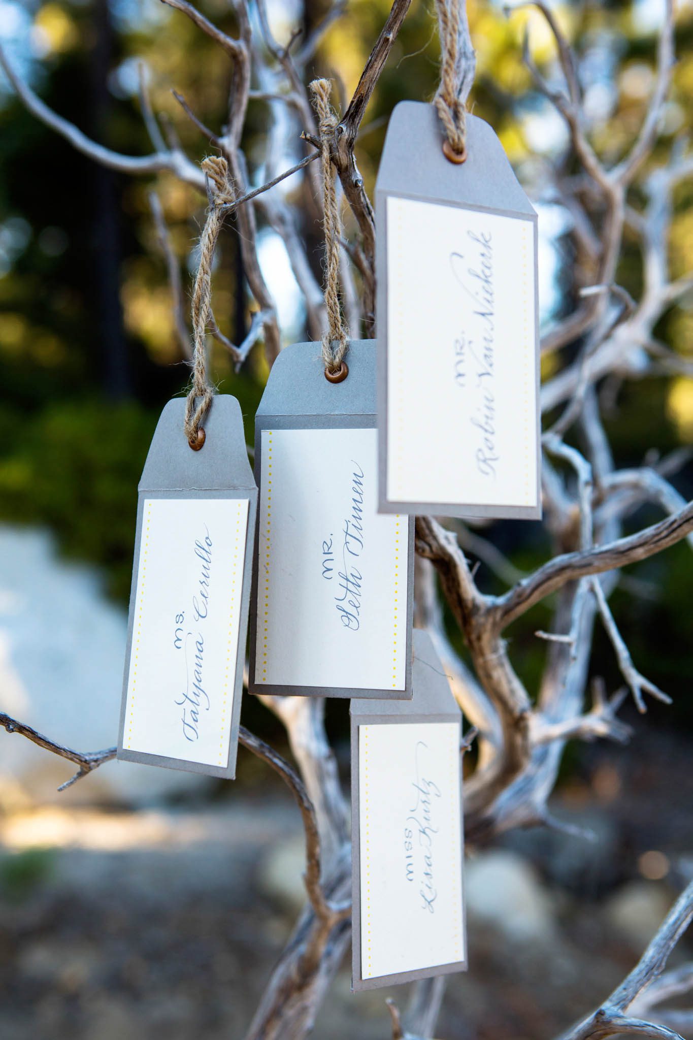 place cards tags on twigs – Lake Tahoe Meeks Bay wedding photography
