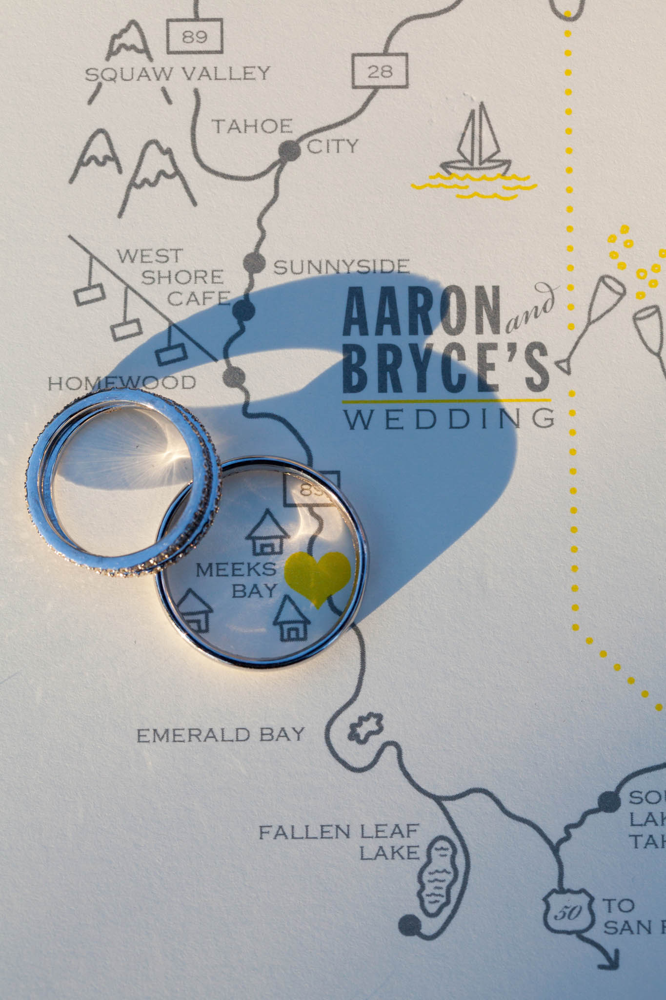 wedding rings on invitation – Lake Tahoe Meeks Bay wedding photography