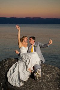bride and groom acting silly on rocks sunset – Lake Tahoe Meeks Bay wedding photography