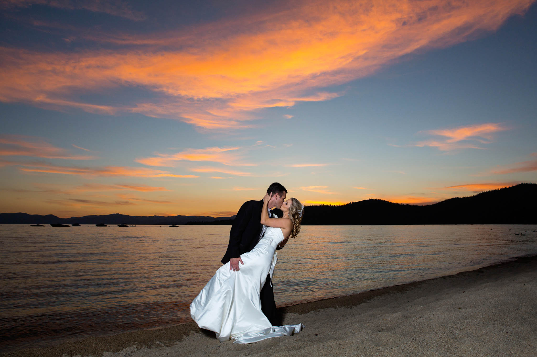 bride and groom beach portrait at sunset Lake Tahoe – nina wedding photographer
