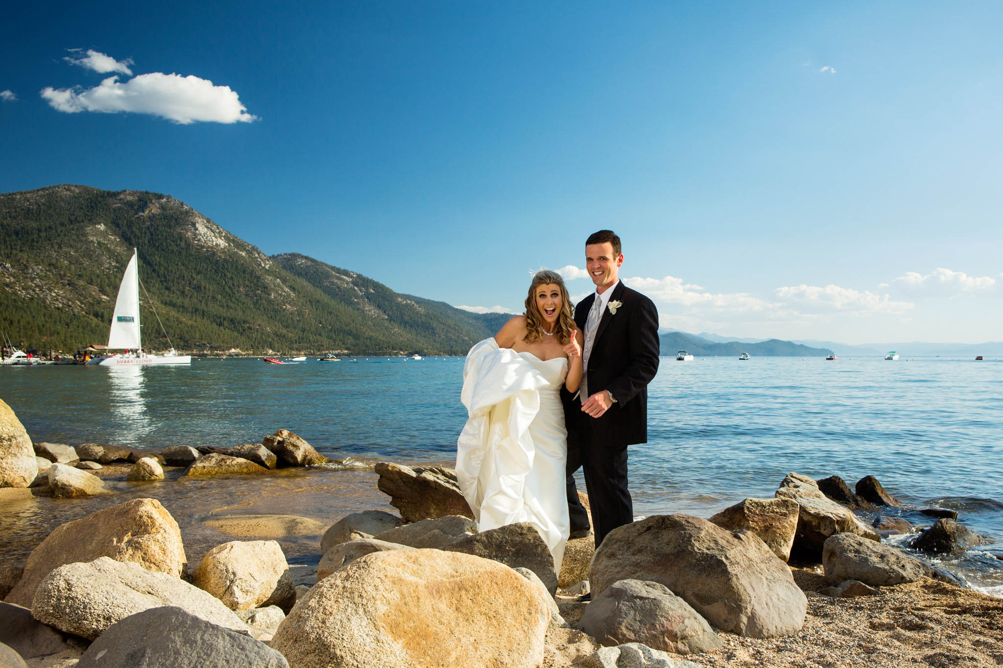 bride and groom candid beach portrait Hyatt Tahoe 