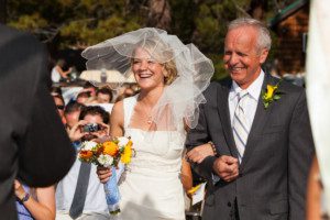 father walking bride down aisle, ceremony – South Lake Tahoe lakefront beach wedding nina photographer