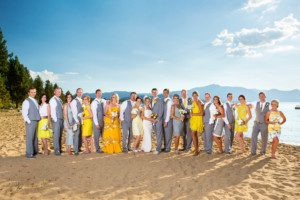 large bridal party on beach portrait – South Lake Tahoe lakefront beach wedding nina photographer