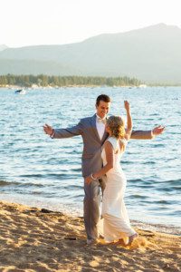 bride and groom dancing on beach – South Lake Tahoe lakefront beach wedding nina photographer