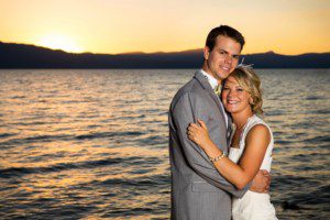 bride and groom beach portrait at sunset – South Lake Tahoe lakefront beach wedding nina photographer