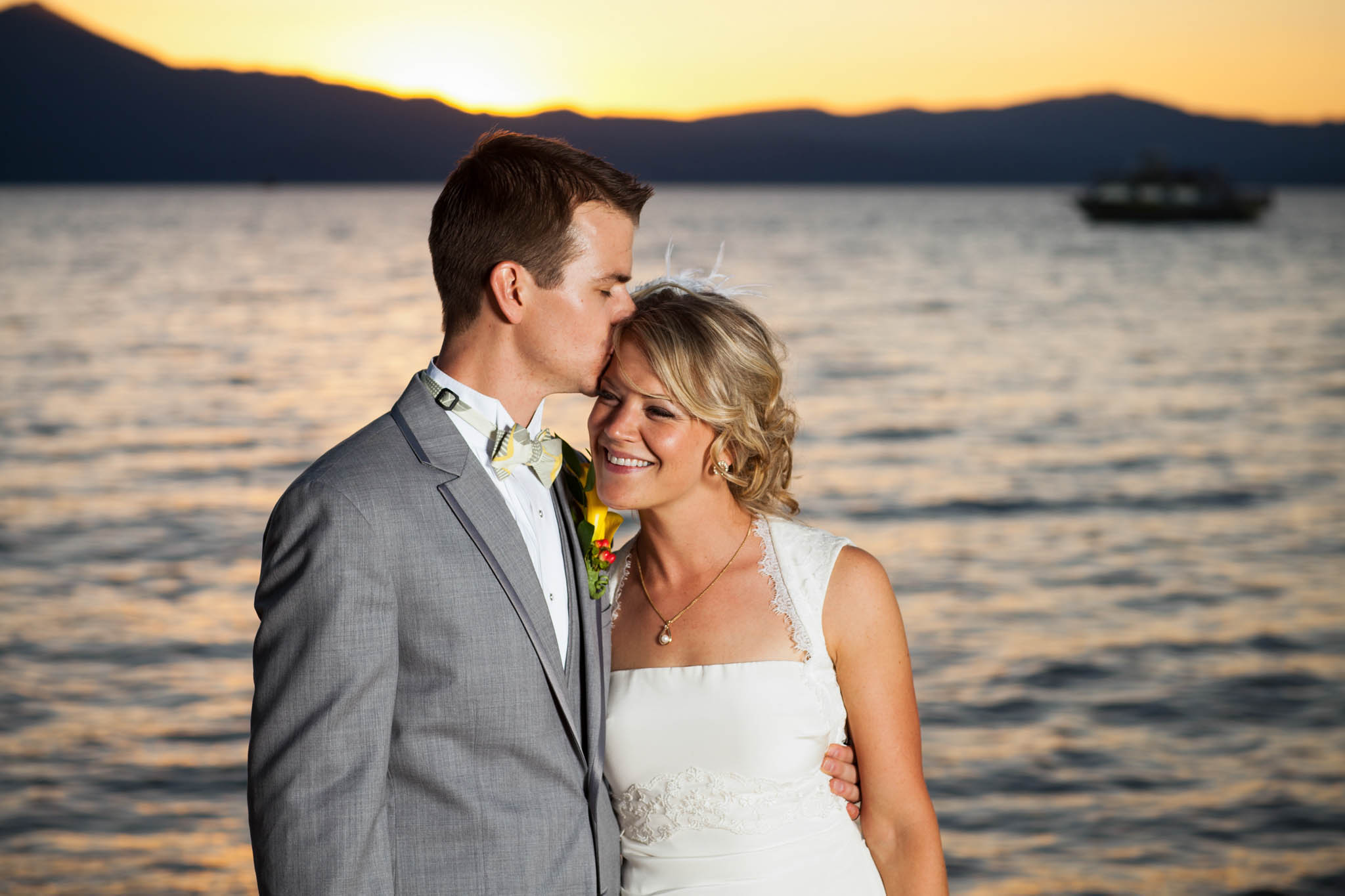 bride an groom sunset beach portrait – South Lake Tahoe lakefront beach wedding nina photographer