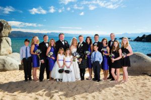 wedding party formal portrait on beach – Fairwinds Tahoe wedding photography