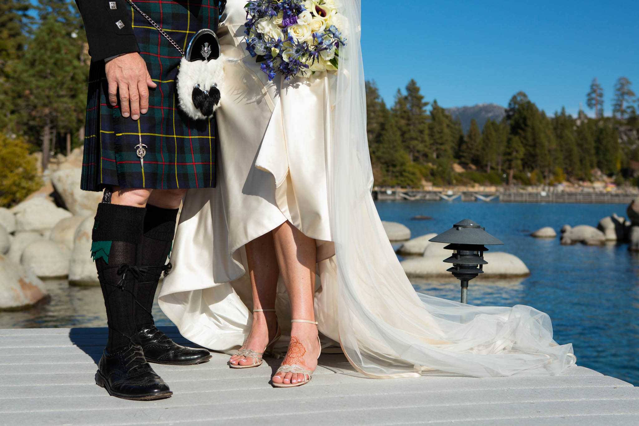 bride groom shoes kilt dress on pier close-up – Fairwinds Tahoe wedding photography