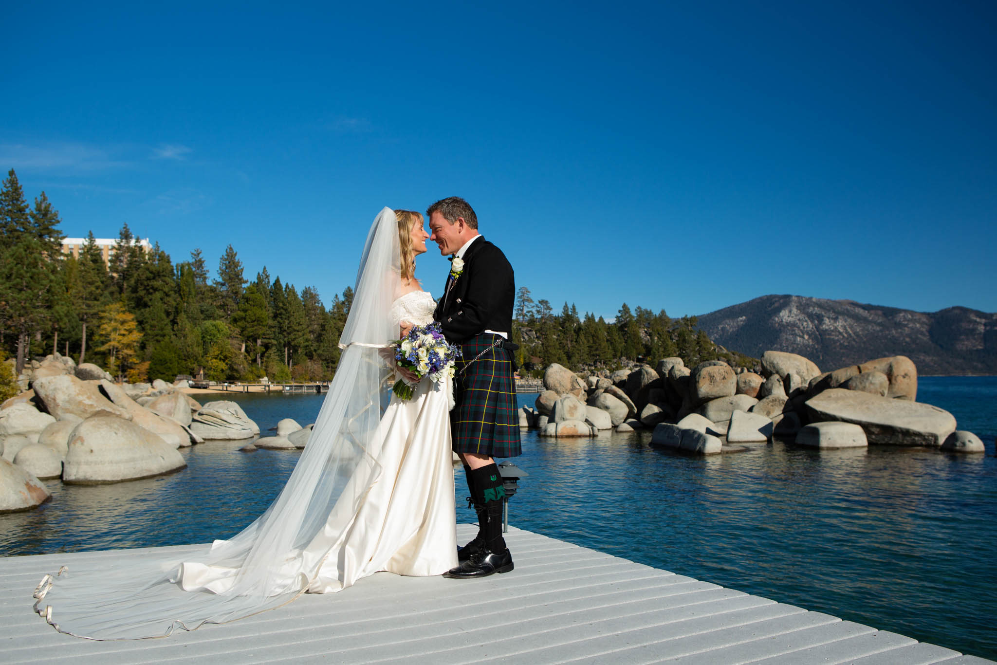 bride groom portrait on pier – Fairwinds Tahoe wedding photography