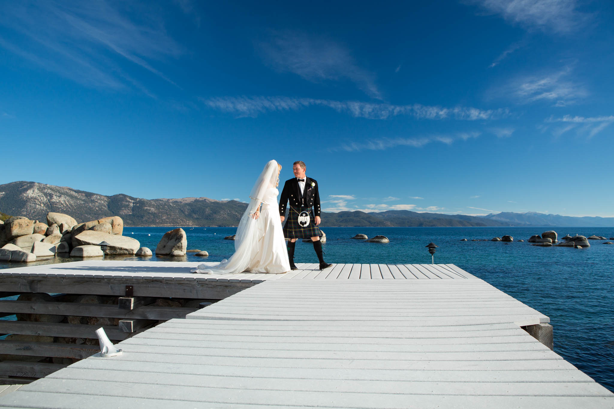 bride groom on pier – Fairwinds Tahoe wedding photography