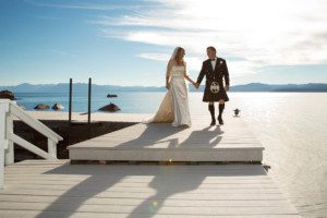 bride groom walking on pier – Fairwinds Tahoe wedding photography