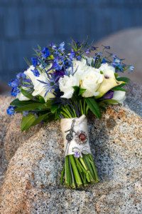 bride's bouquet with pins – Fairwinds Tahoe wedding photography