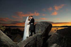 sunset portrait bride groom on rocks – Fairwinds Tahoe wedding photography