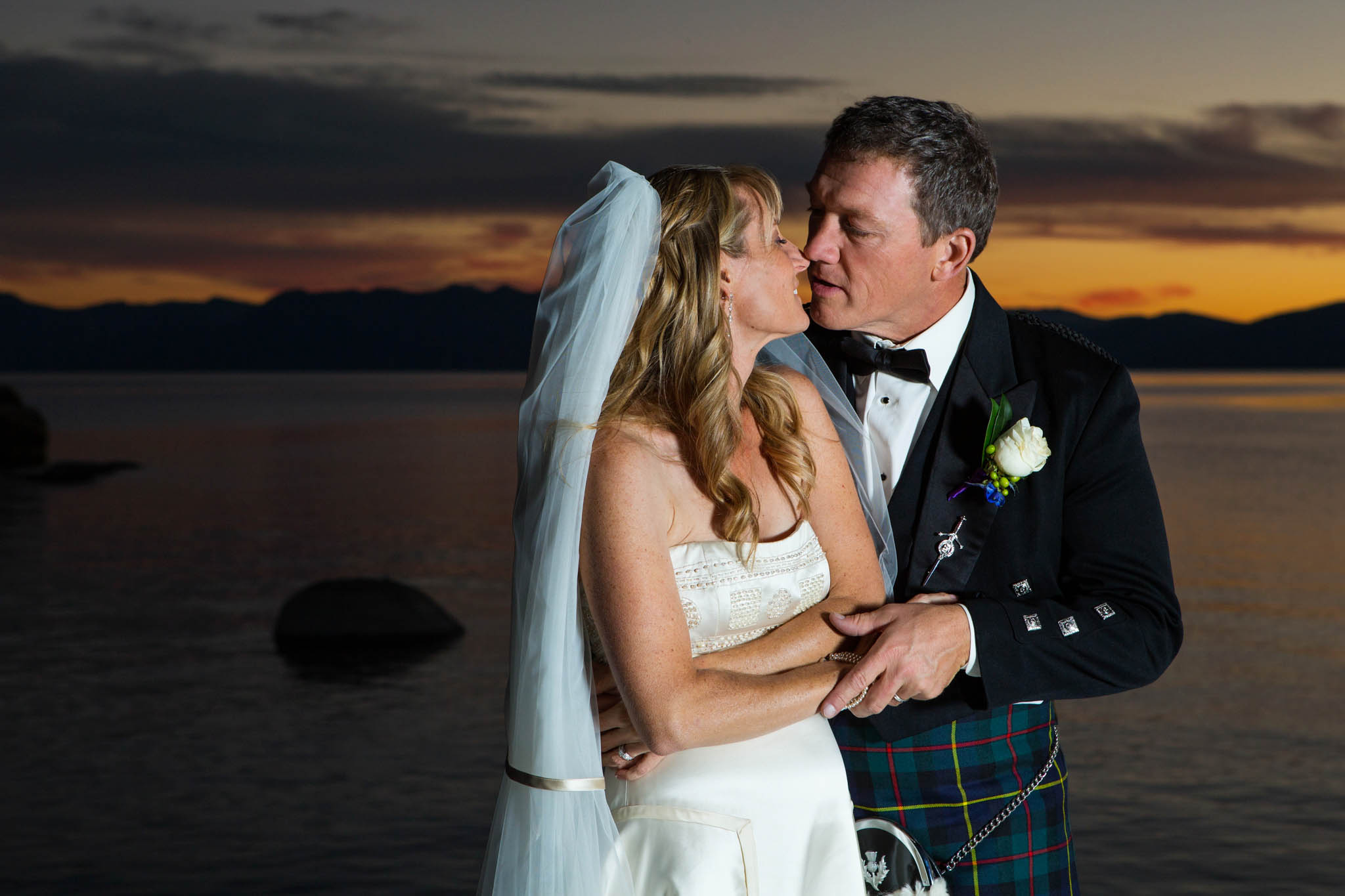 bride and groom sunset portrait close-up – Fairwinds Tahoe wedding photography