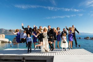 bridal party jumping on pier – Fairwinds Tahoe wedding photography