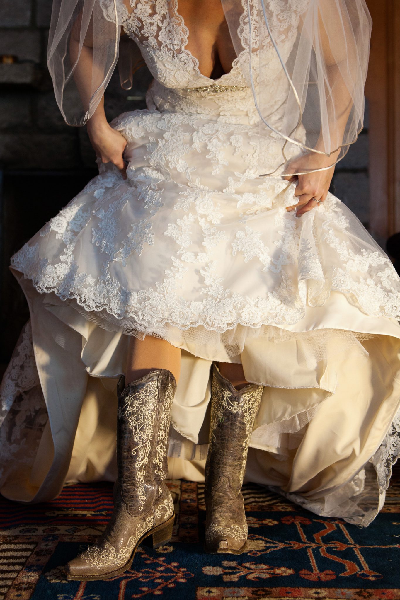 bride's dress and cowboy boots, lace