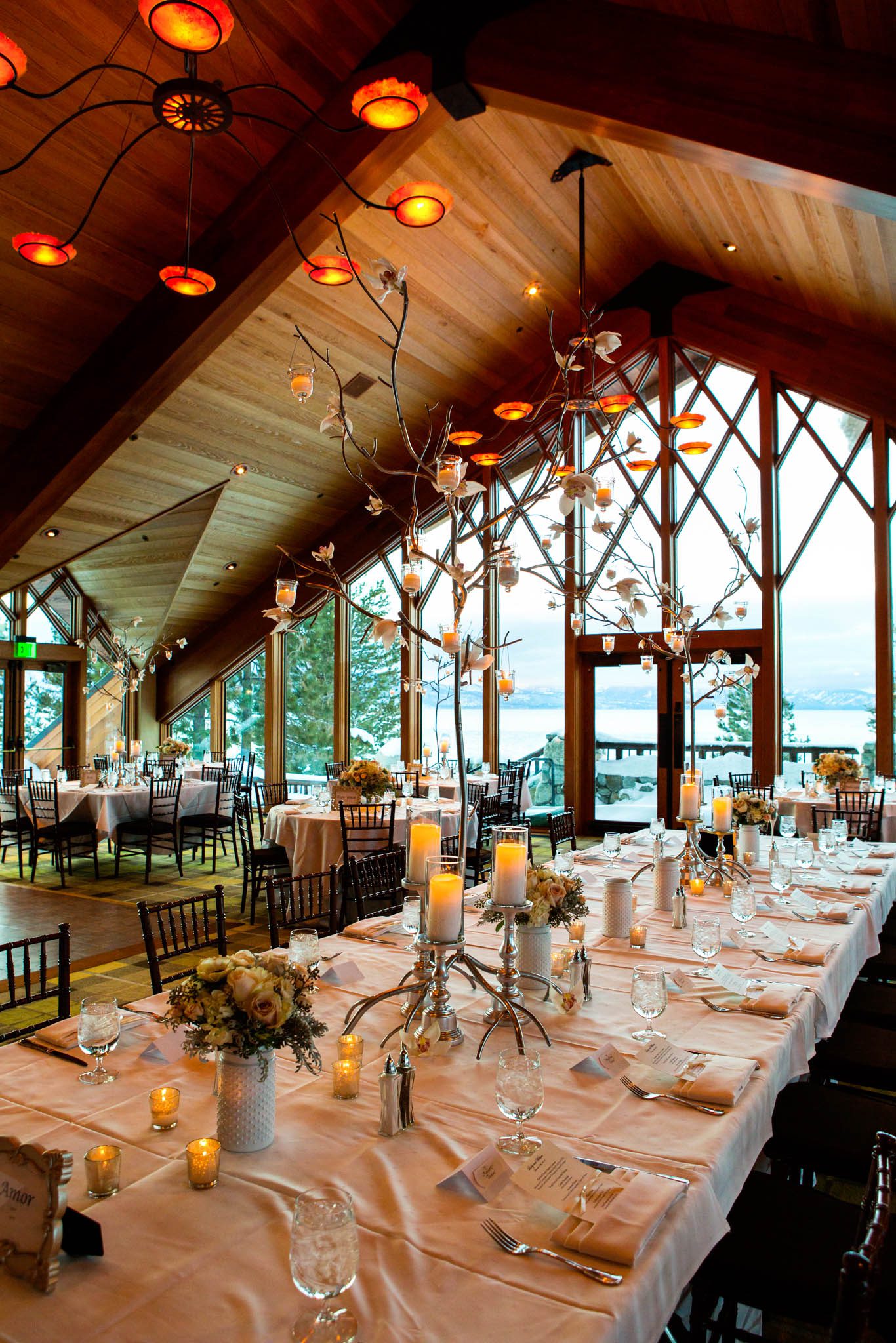 reception, Edgewood Tahoe, North Room, tables, centerpieces, decor, candles, lake view