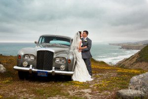 bride groom car Bentley ocean portrait photographer